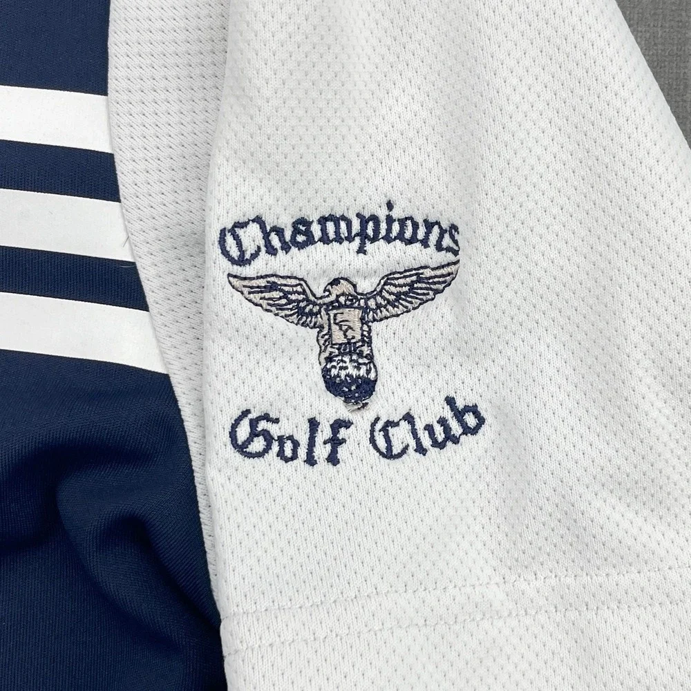 Adidas‎ Mens Medium Navy White Polo Shirt ClimaCool Champions Golf Club Striped